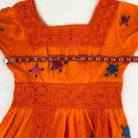 Vintage Boho Embroidered Floral Orange Maxi Dress Bell Sleeves Small - Picture 10 of 16